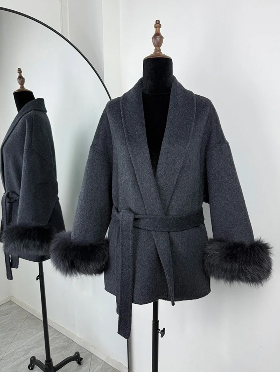 Fur V-neck Lace-up French Woolen Coat