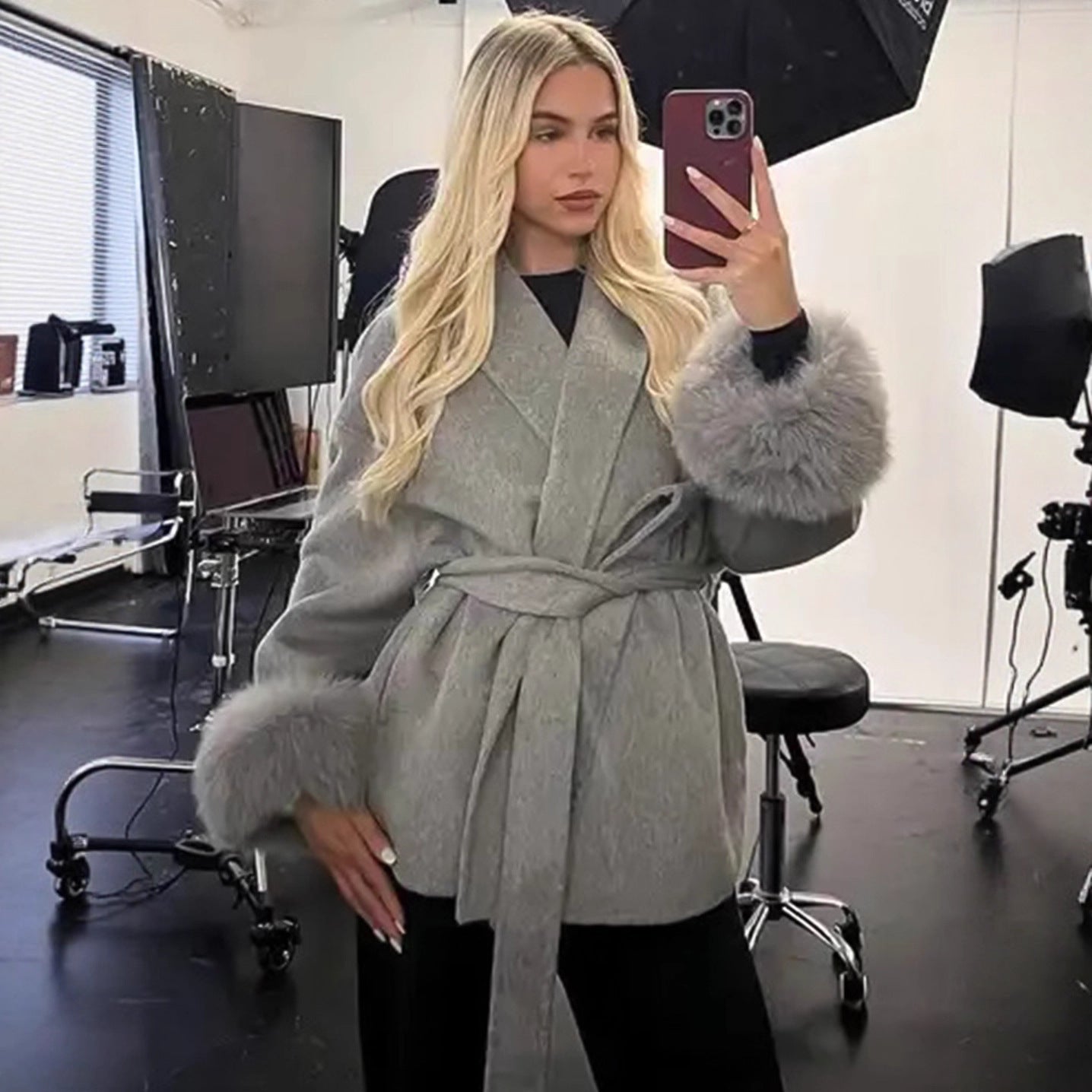 Fur V-neck Lace-up French Woolen Coat