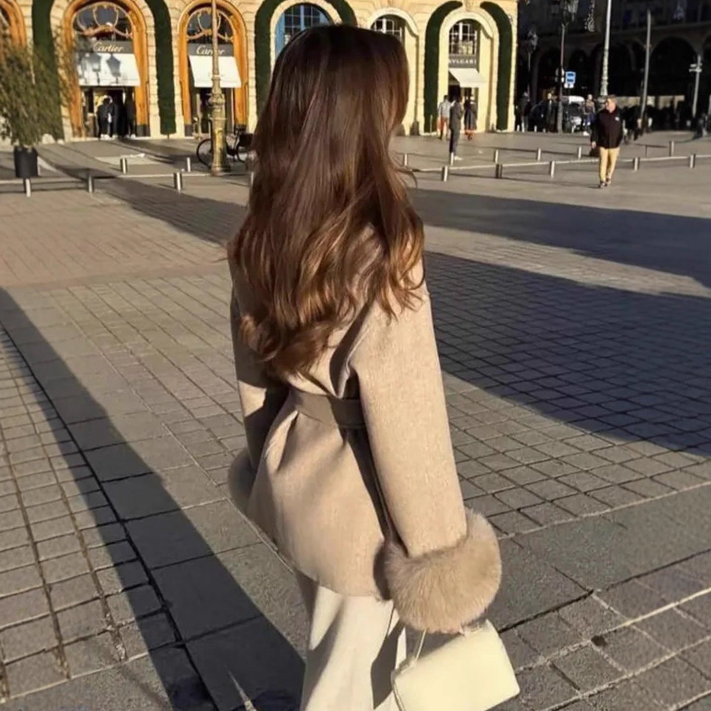 Fur V-neck Lace-up French Woolen Coat