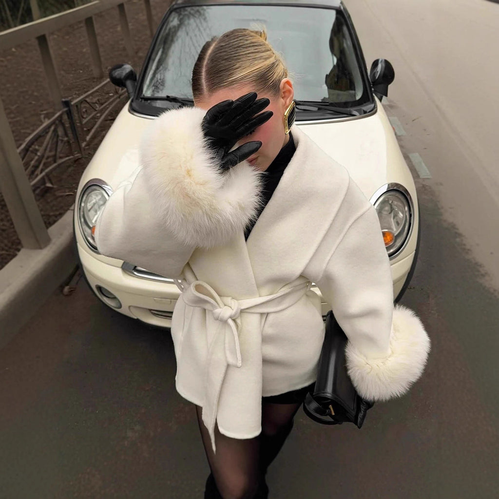 Fur V-neck Lace-up French Woolen Coat